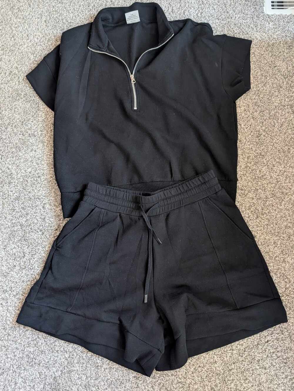 Varley Set- Black Short Sleeve Quarter-Zip Top & Drawstring Shorts Set